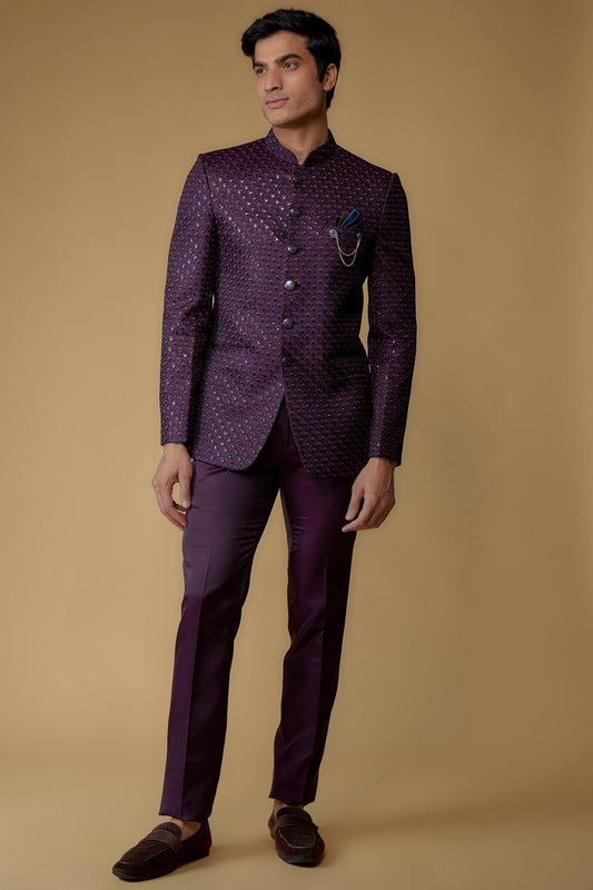 Grape Purple Silk Thread Embroidered Bandhgala Set