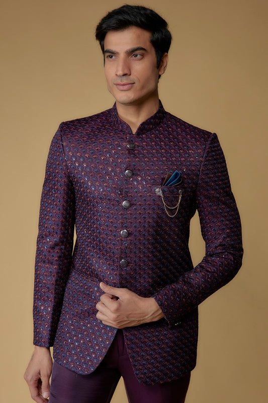 Grape Purple Silk Thread Embroidered Bandhgala Set