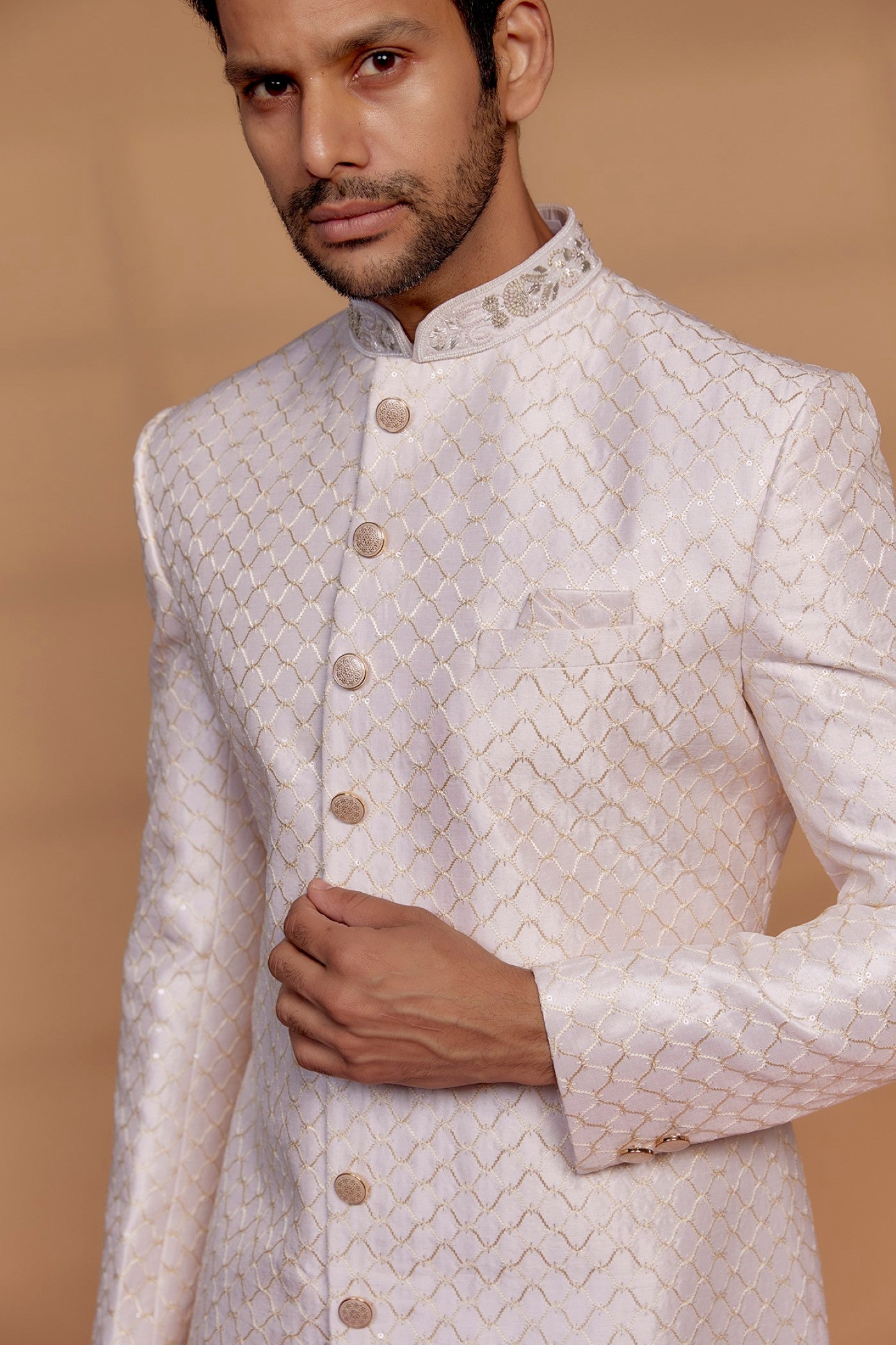 Ivory Raw Silk Sherwani Set