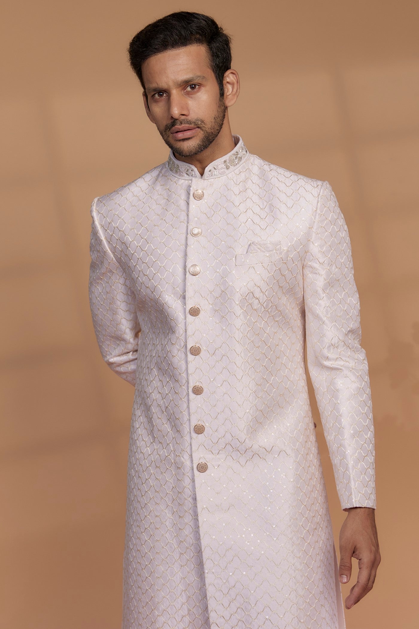 Ivory Raw Silk Sherwani Set