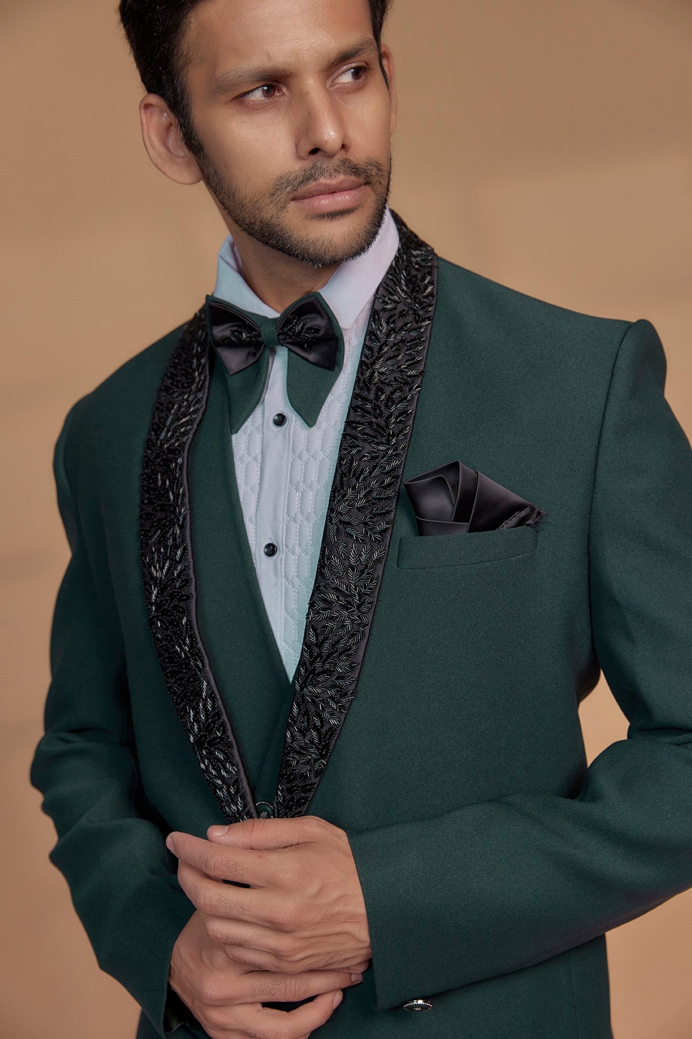 Royal Green Imported Suiting Fabric Embroidered Tuxedo Set