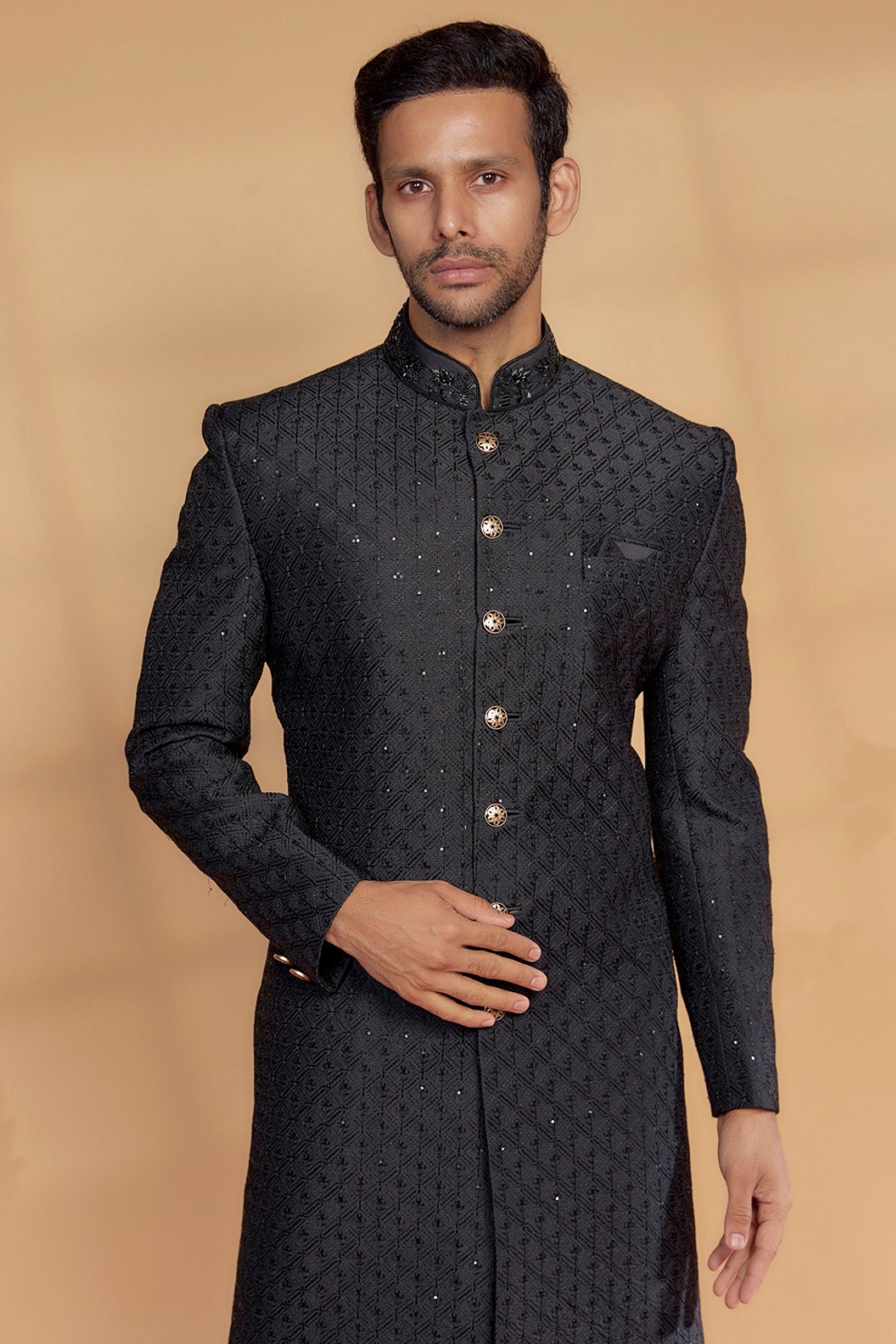 Black Raw Silk Sherwani Set