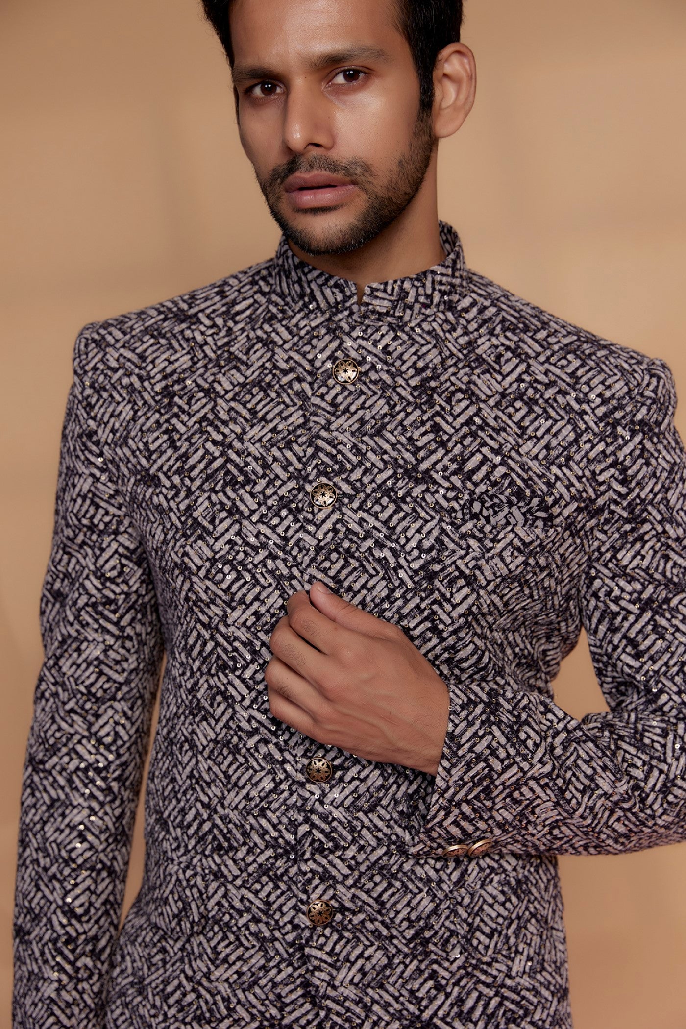 Black Velvet Sequined Bandhgala Set