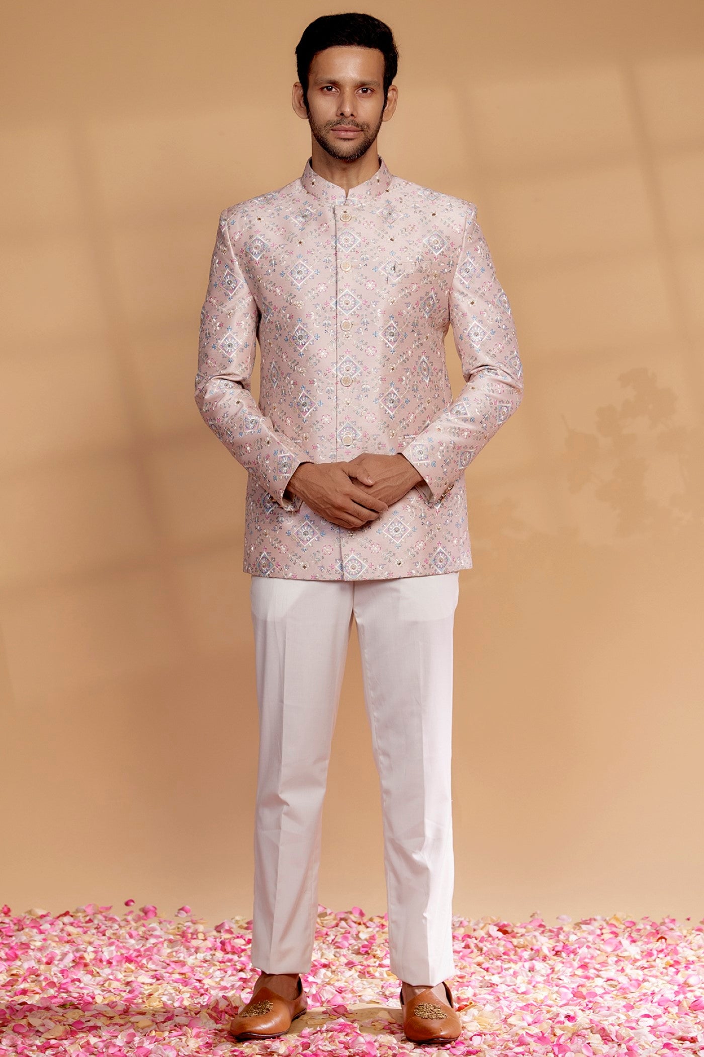 Pastel Pink Silk Embroidered Jodhpuri Set