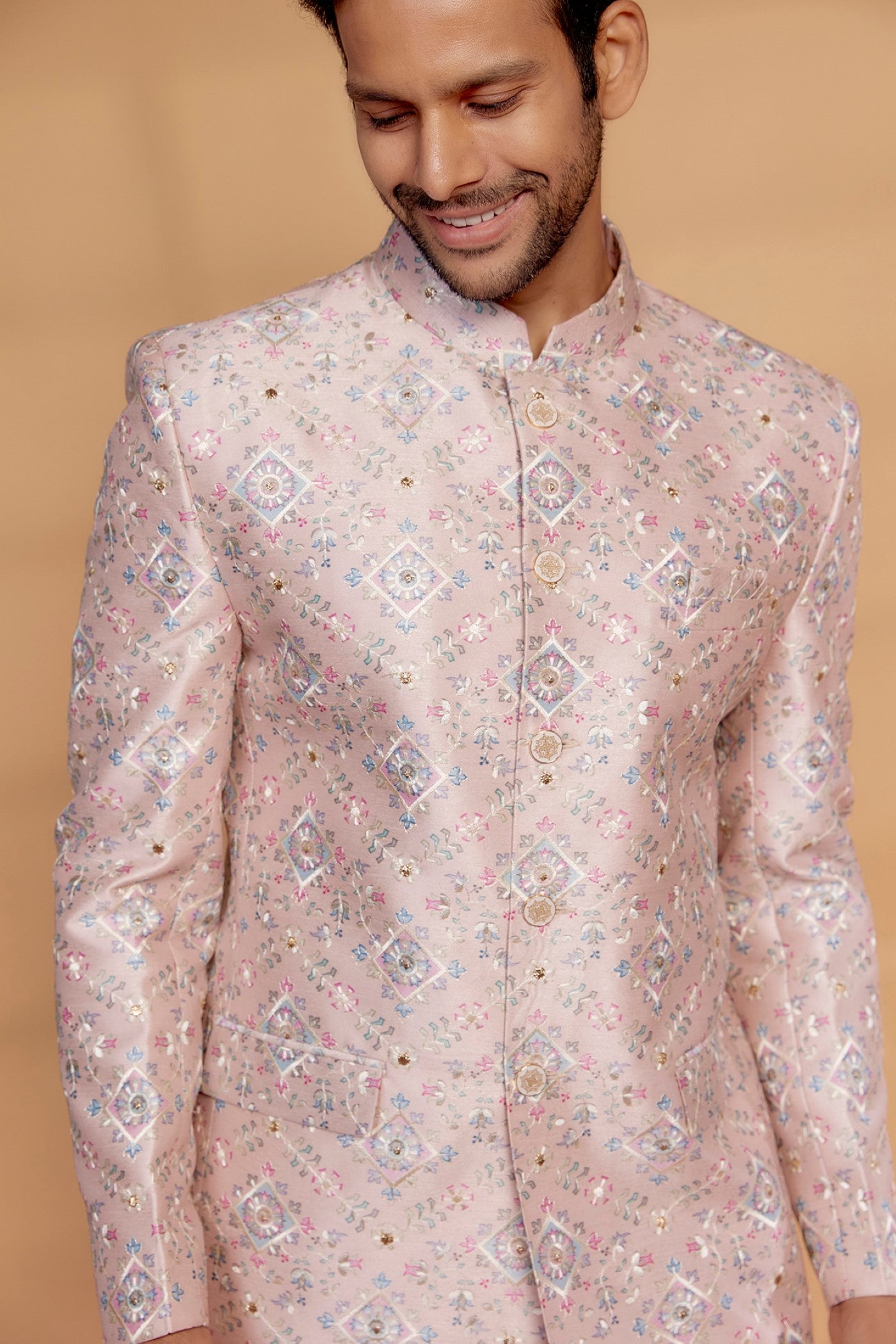 Pastel Pink Silk Embroidered Jodhpuri Set