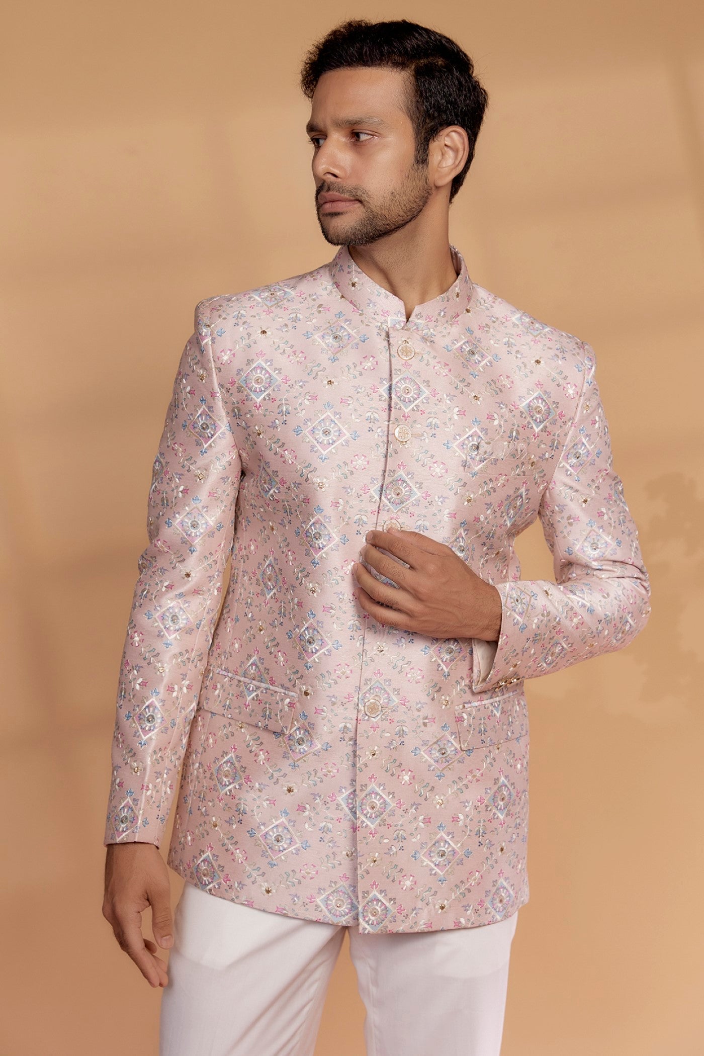 Pastel Pink Silk Embroidered Jodhpuri Set