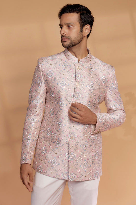 Pastel Pink Silk Embroidered Jodhpuri Set