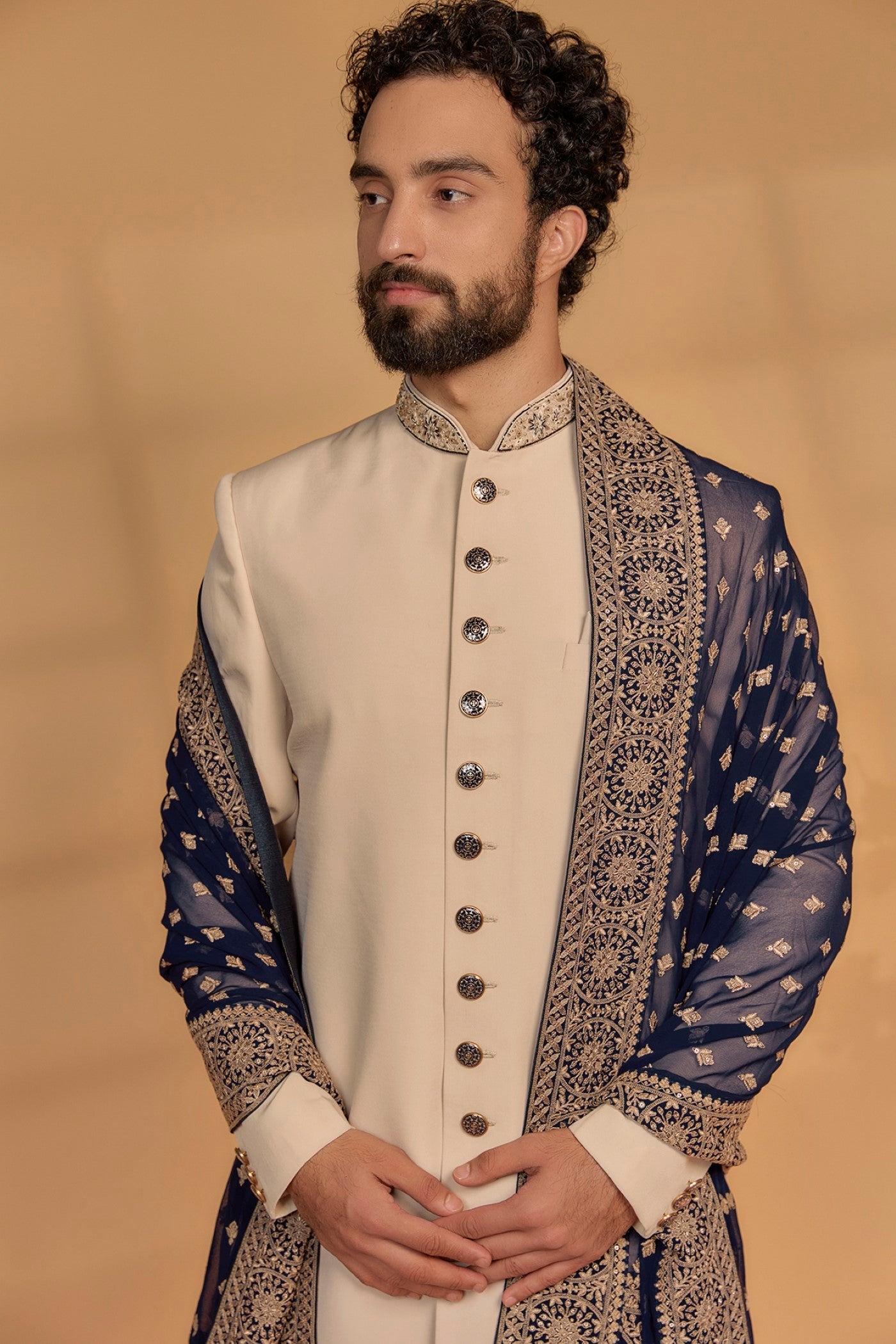 Pale Beige Georgette Sherwani Set