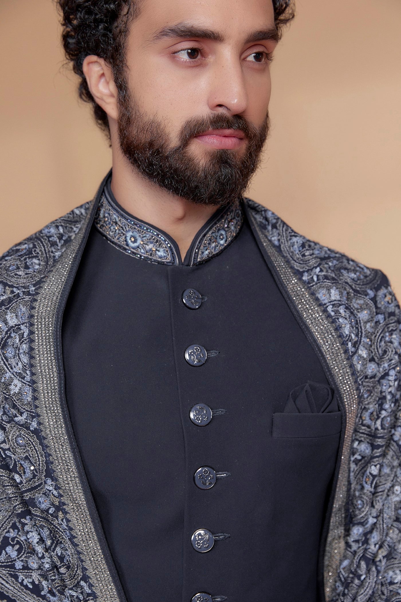 Midnight Blue Imported Italian Fabric Sherwani Set