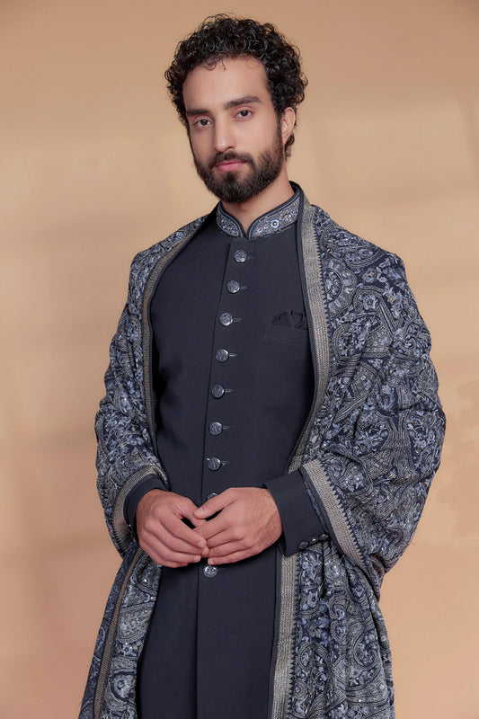 Midnight Blue Imported Italian Fabric Sherwani Set