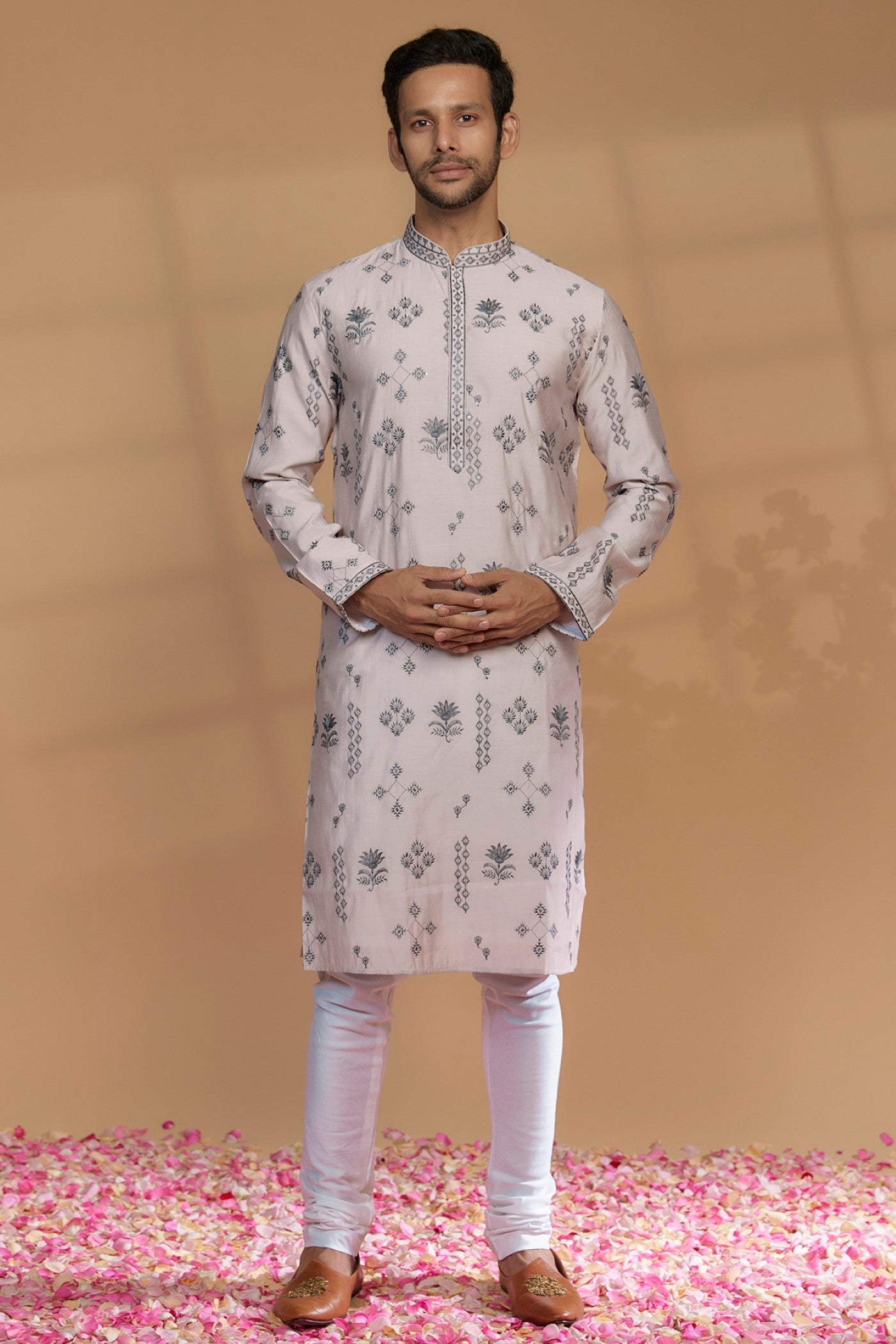 Porcelain White Silk Embroidered Kurta Set