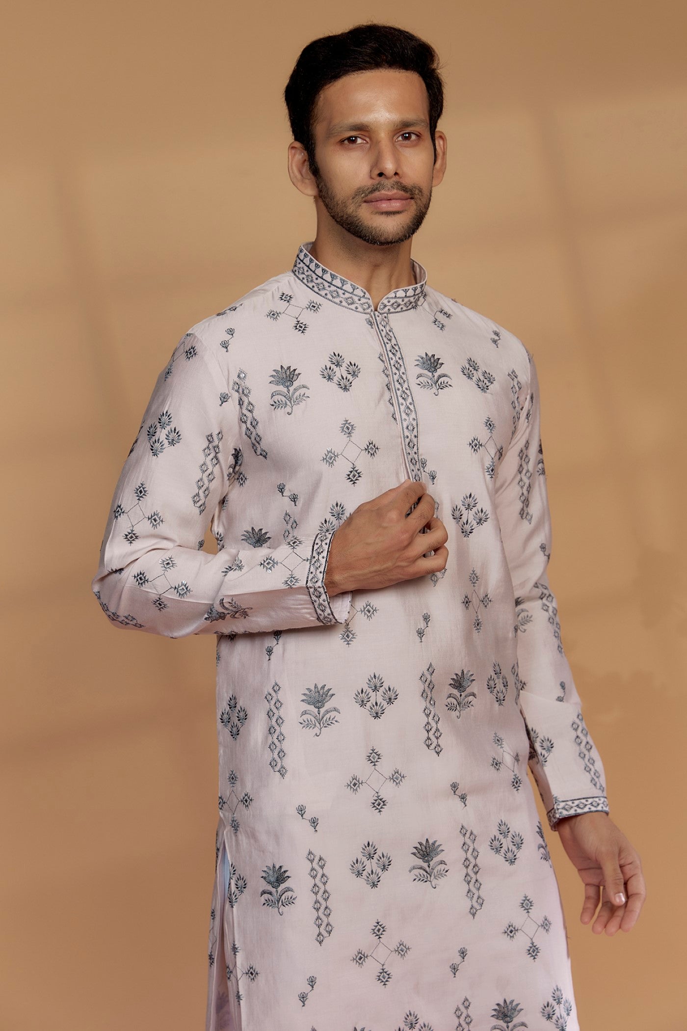 Porcelain White Silk Embroidered Kurta Set