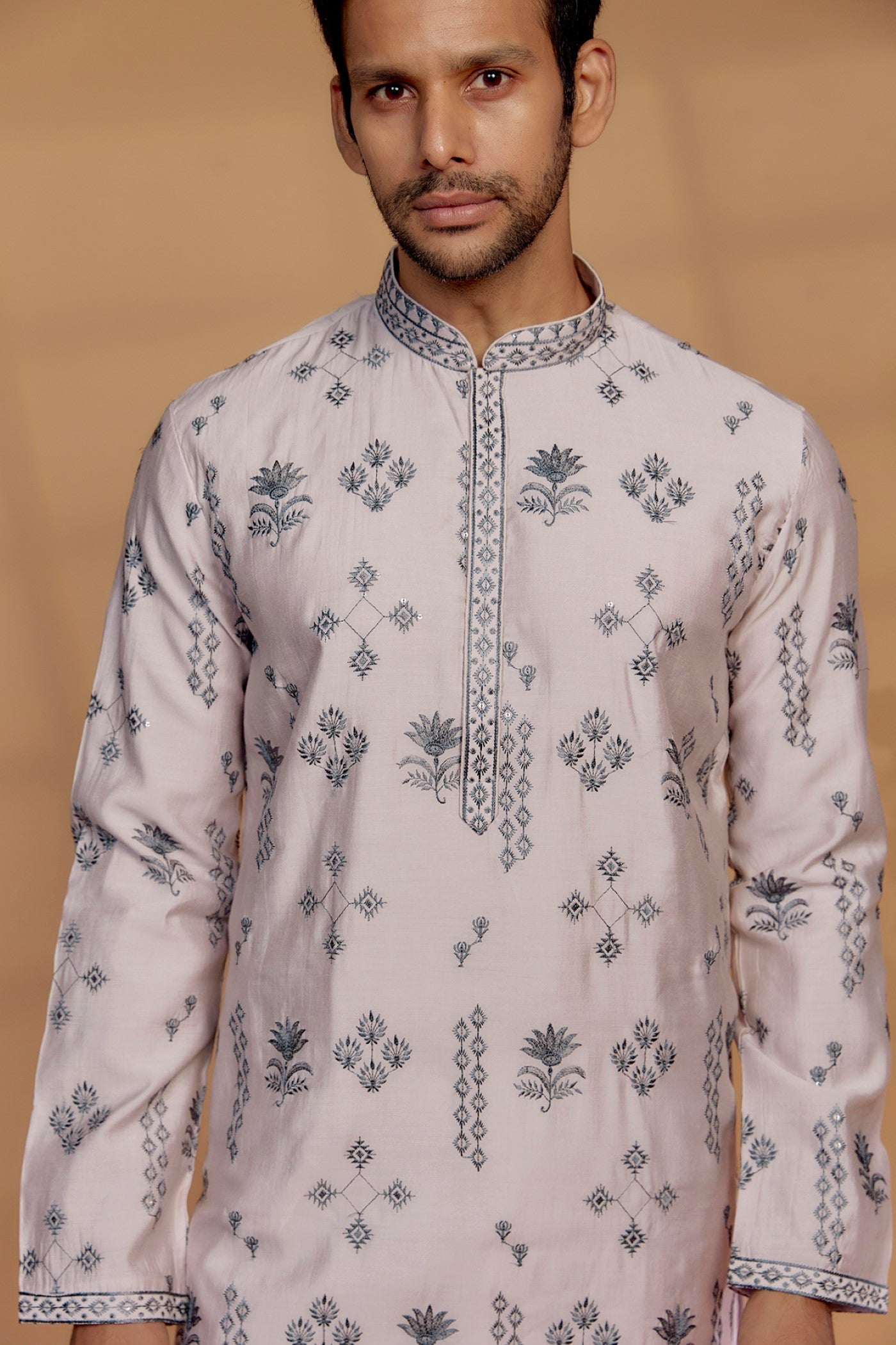Porcelain White Silk Embroidered Kurta Set
