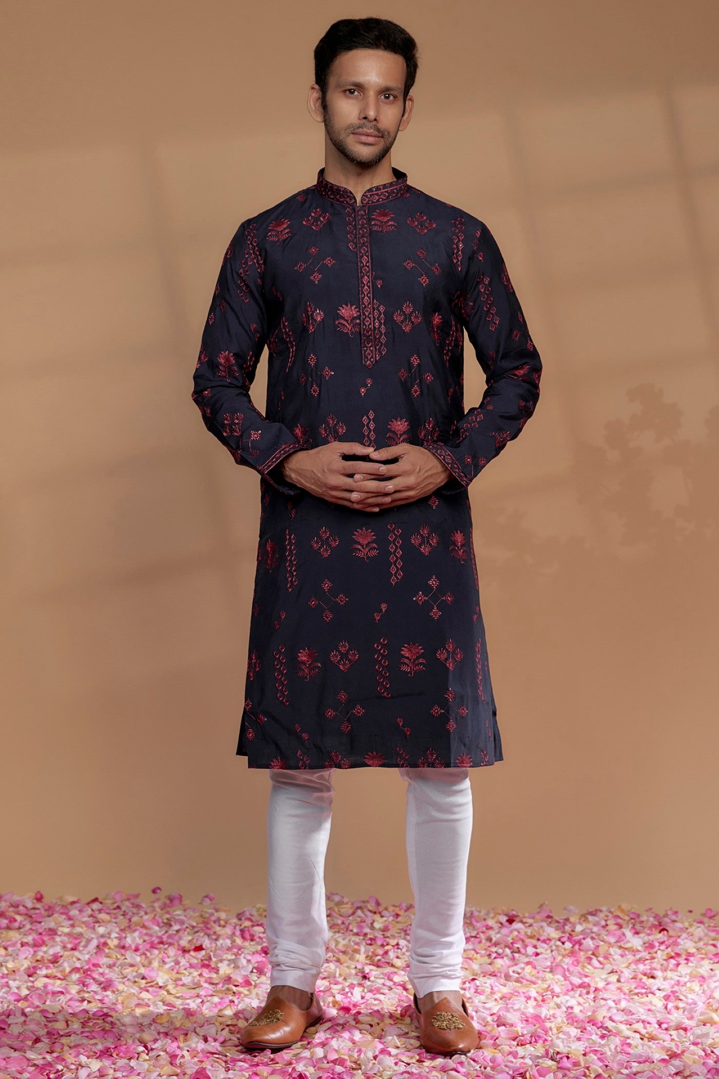 Navy  Blue Silk Embroidered Kurta Set