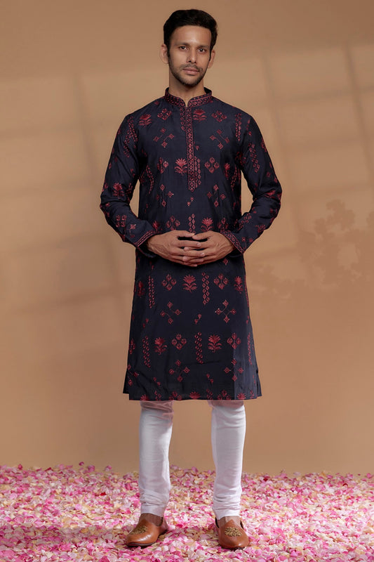 Navy  Blue Silk Embroidered Kurta Set