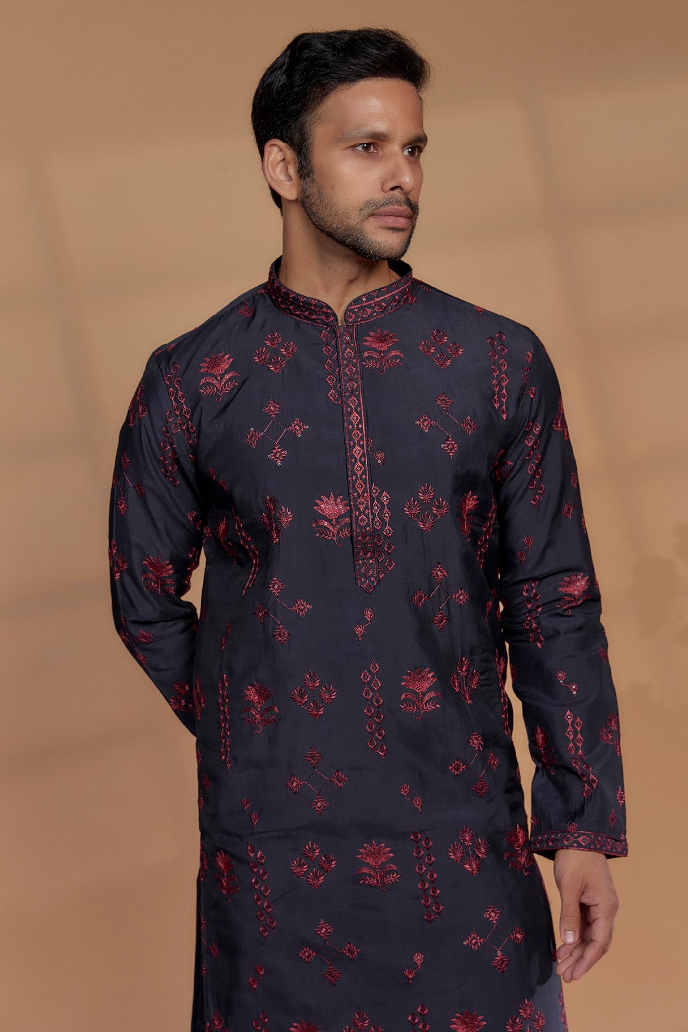 Navy  Blue Silk Embroidered Kurta Set