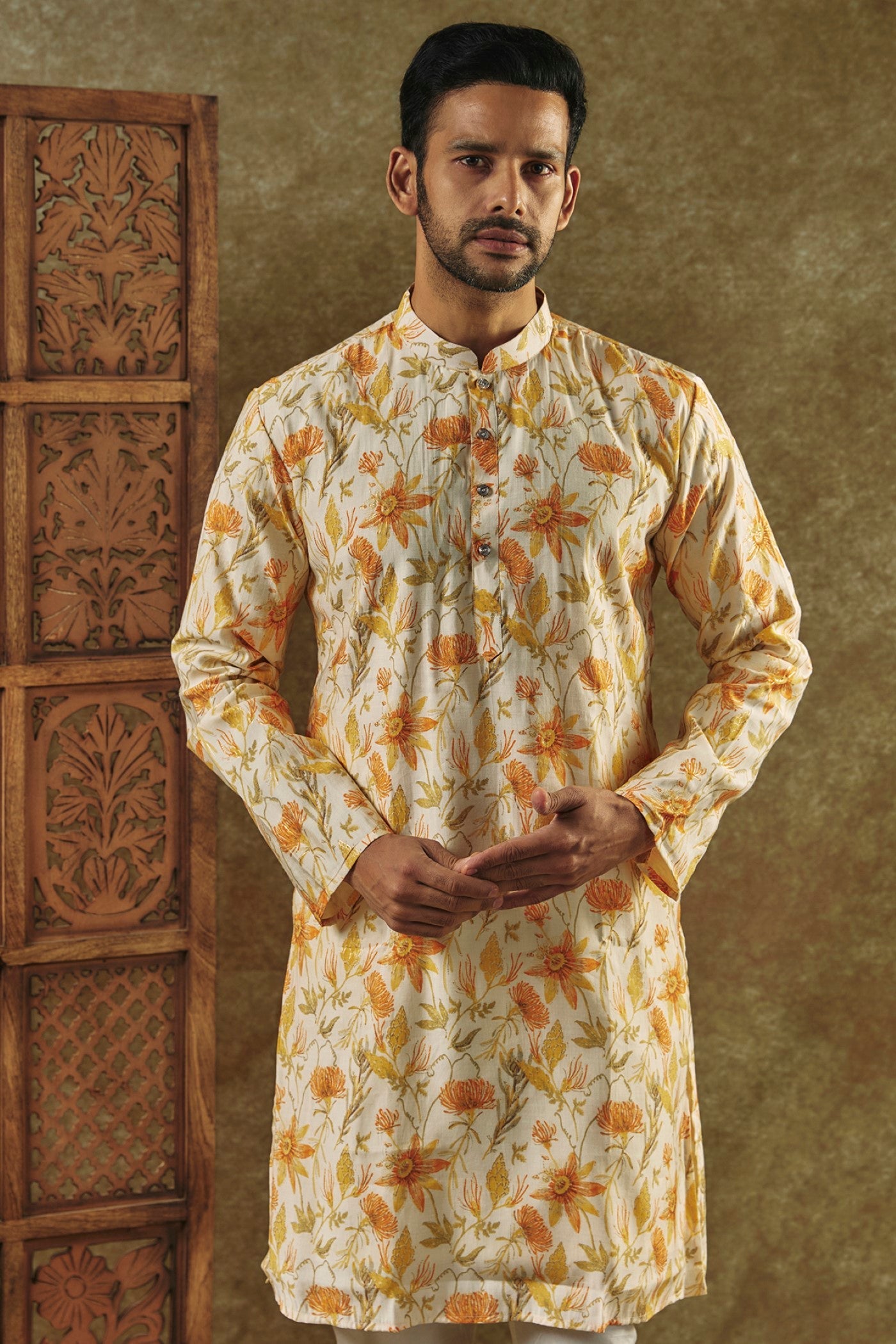 Daffodil Yellow Printed Silk kurta pajama set