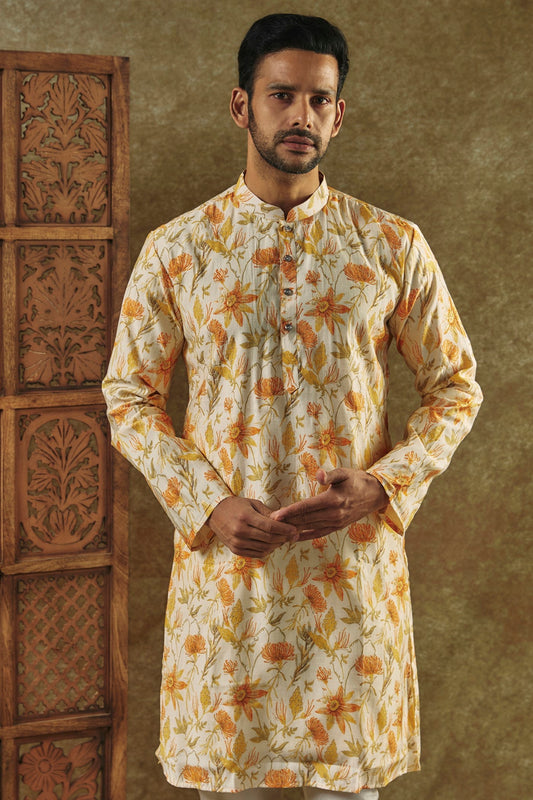 Daffodil Yellow Printed Silk kurta pajama set
