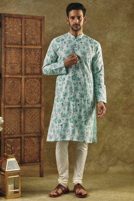 Sky Blue Printed Silk kurta pajama set