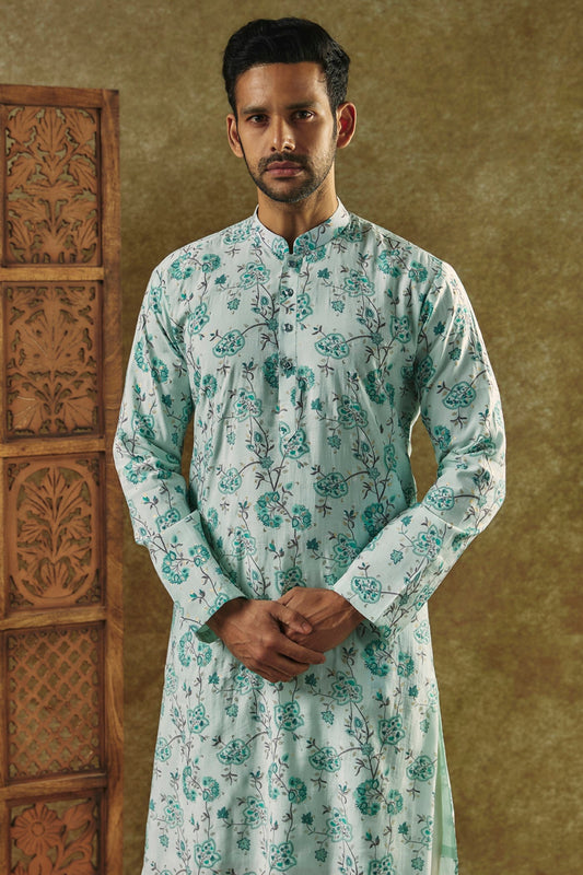 Sky Blue Printed Silk kurta pajama set