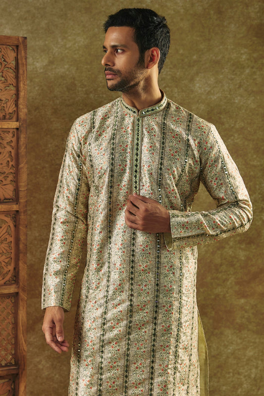 Pista Green Printed Silk kurta pajama set