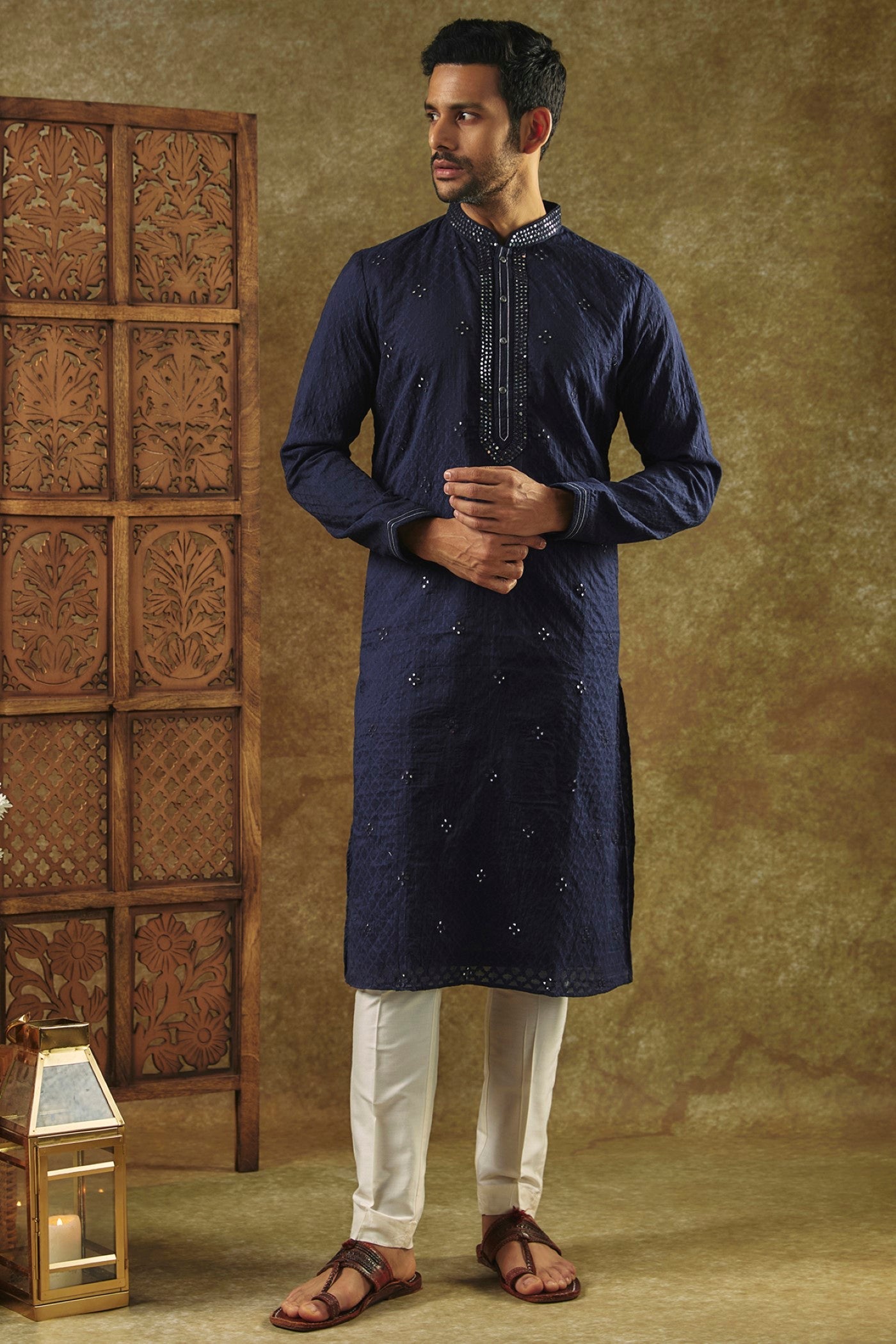 Ink Blue Silk kurta pajama set with all over thread and mirror work