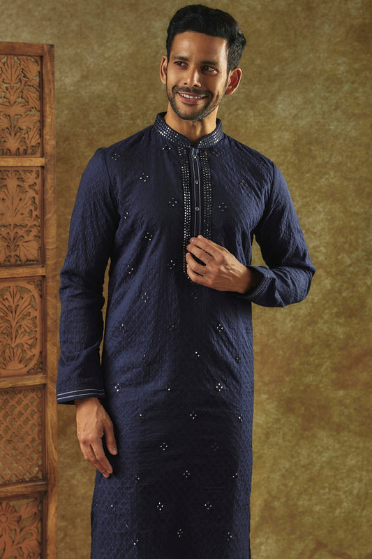 Ink Blue Silk kurta pajama set with all over thread and mirror work