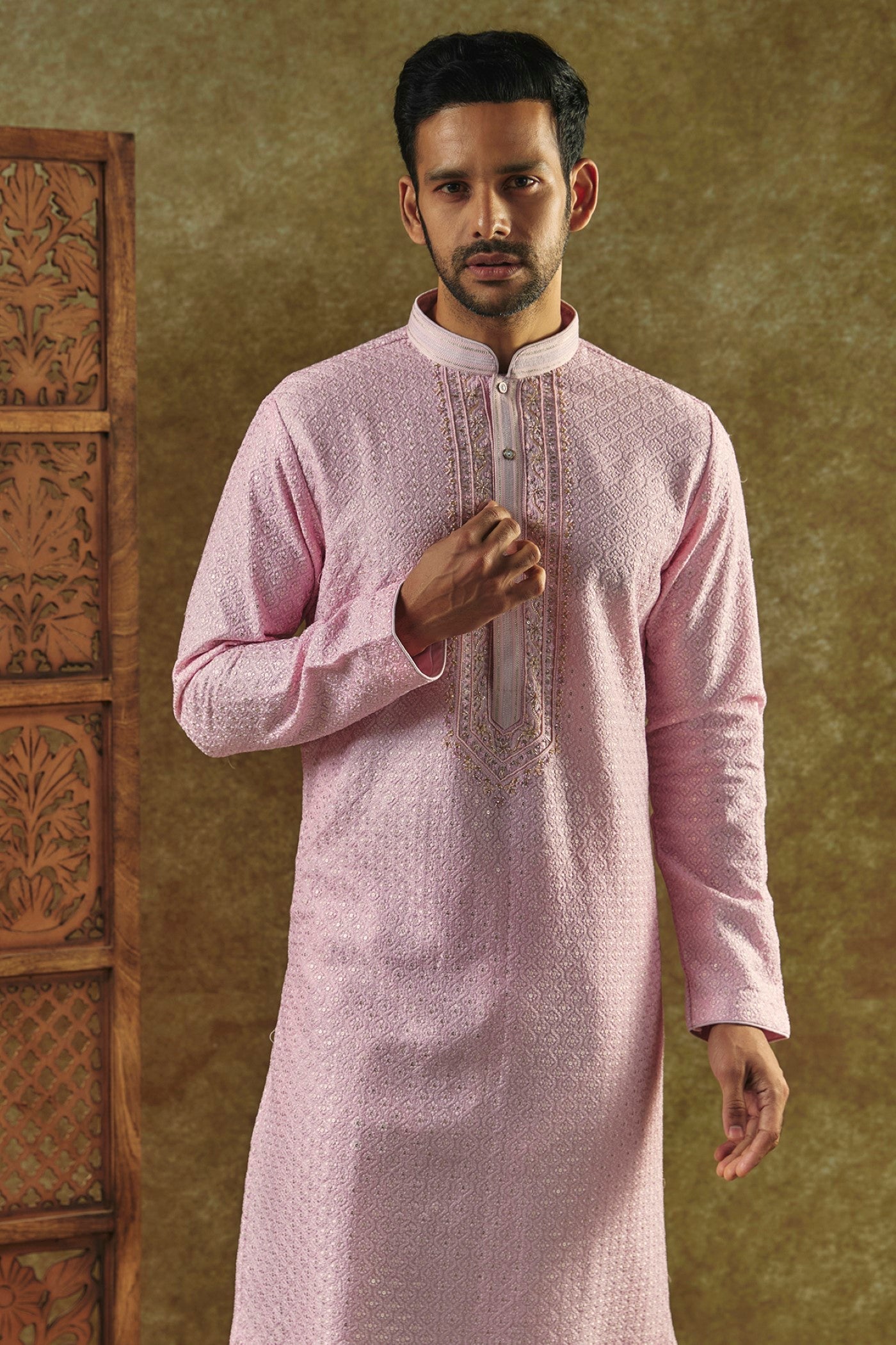 Onion Pink Silk kurta pajama set with resham embroidered neck