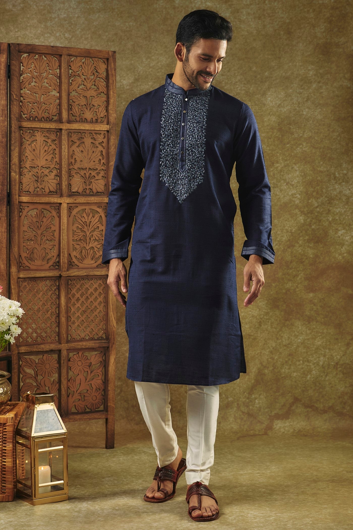 Ink Blue Printed Silk kurta pajama set with resham embroidered neck