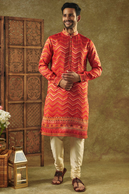 Maroon Printed Silk kurta pajama set with resham embroidered neck