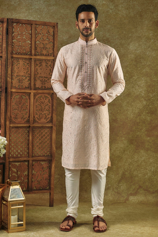 Peach Silk kurta pajama set with SEQUIN work