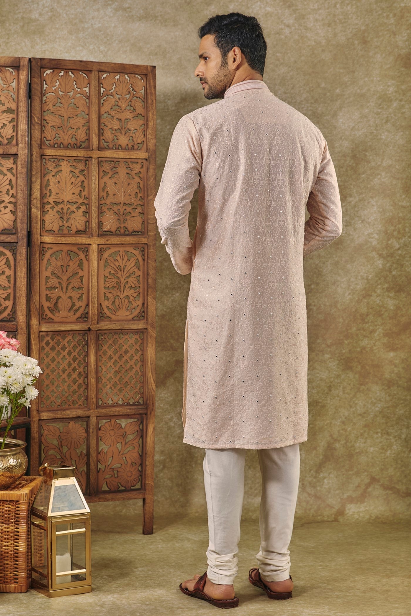 Peach Silk kurta pajama set with SEQUIN work