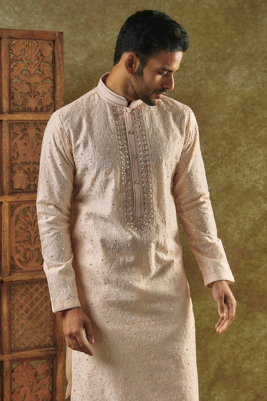 Peach Silk kurta pajama set with SEQUIN work