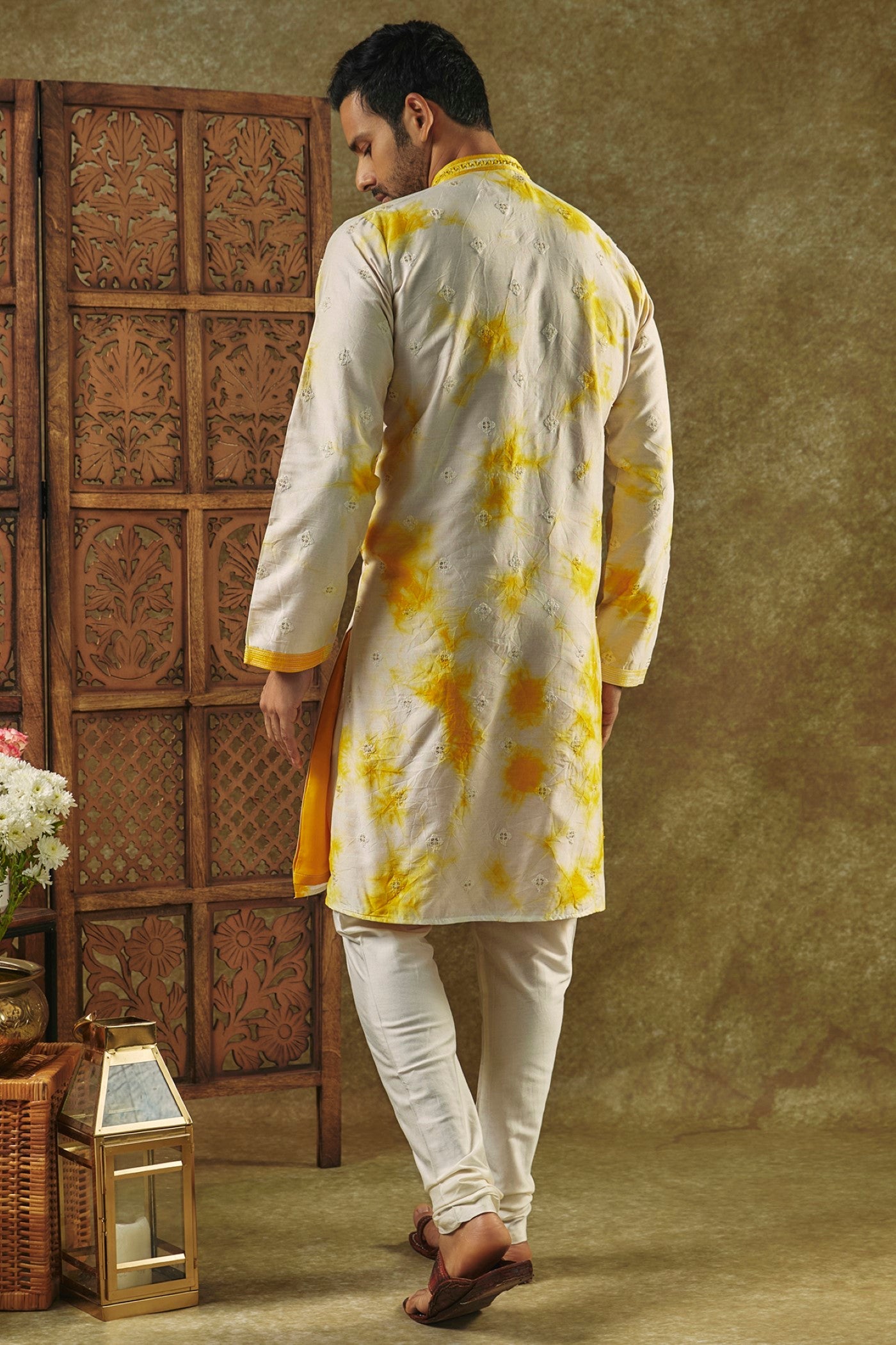 Mustard Yellow Printed Silk kurta pajama set with resham embroidered neck