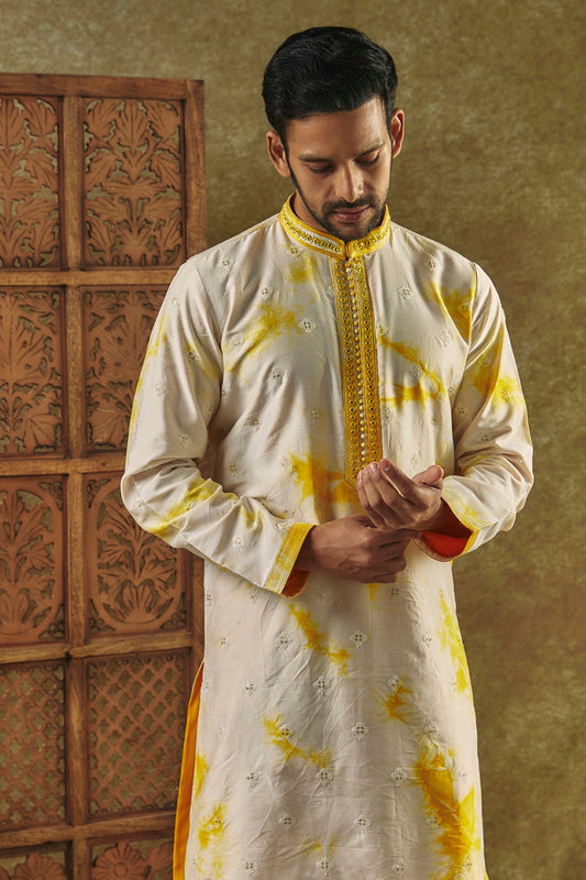 Mustard Yellow Printed Silk kurta pajama set with resham embroidered neck