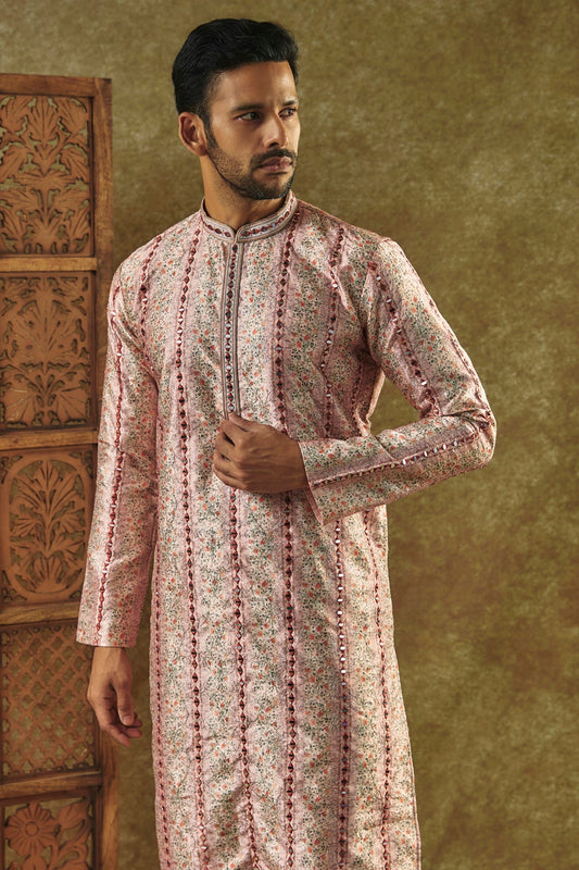 Beige Printed Silk kurta pajama set with resham embroidered neck