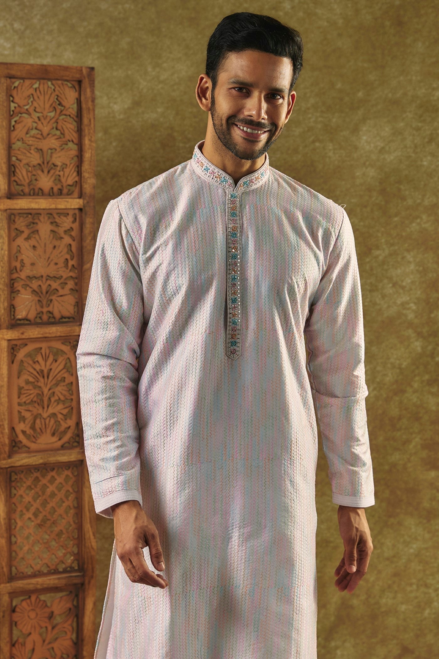 Silverish Grey Plain Silk kurta pajama set with resham embroidered neck