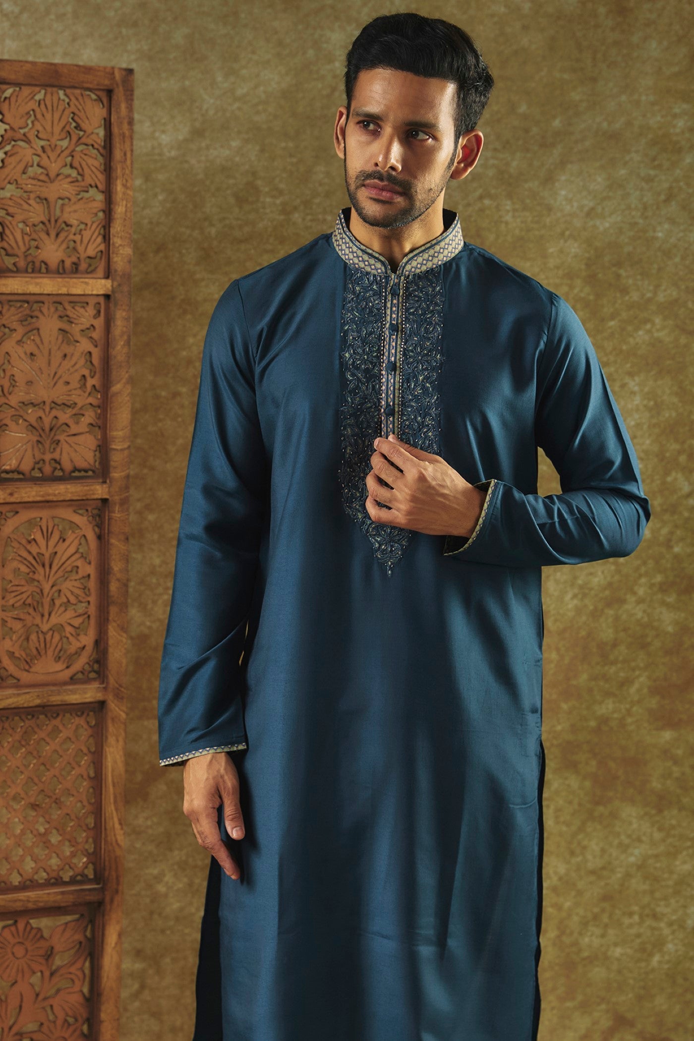 Ink Blue Plain Silk kurta pajama set with resham embroidered neck