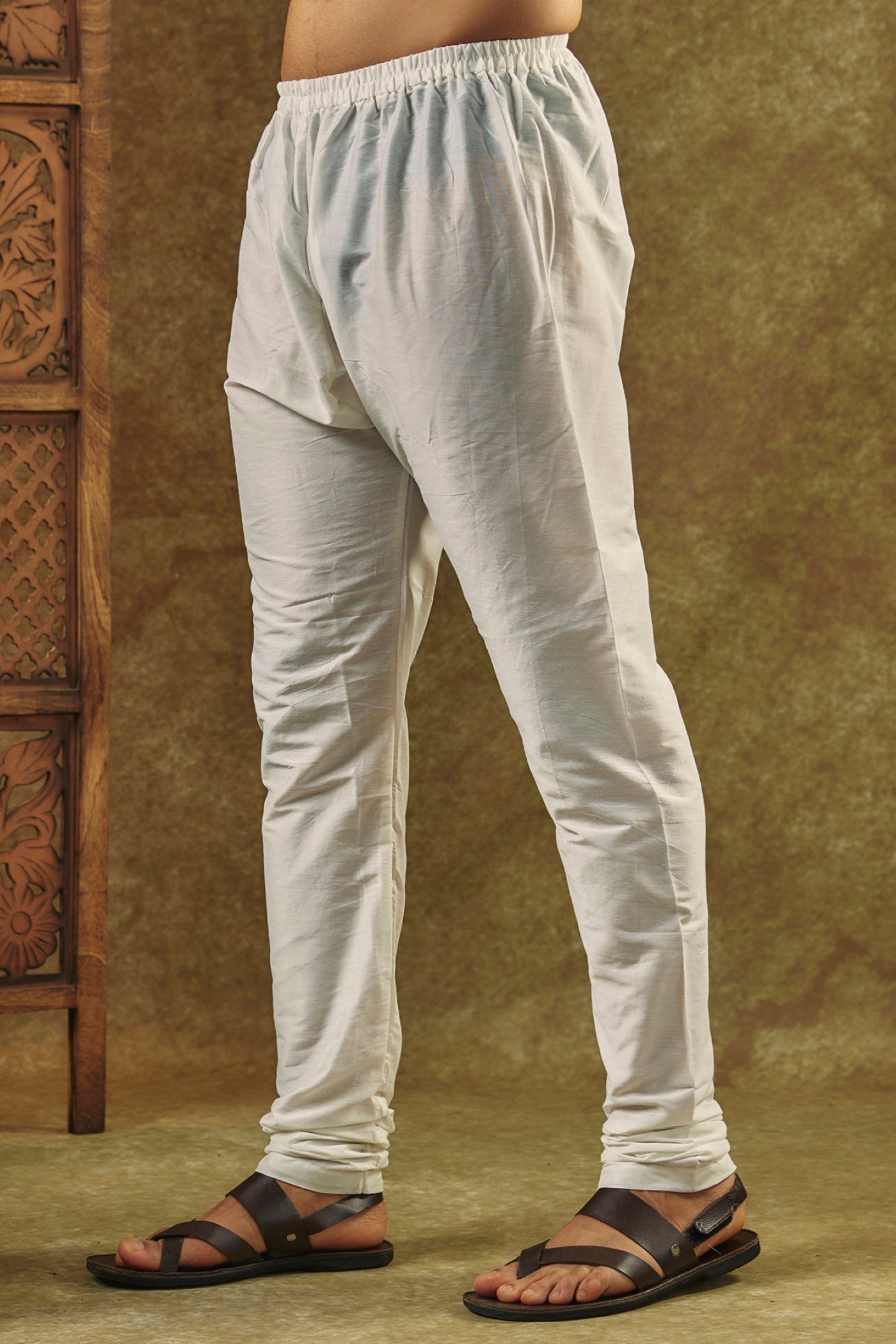 Silverish Grey Plain Silk kurta pajama set with resham embroidered neck