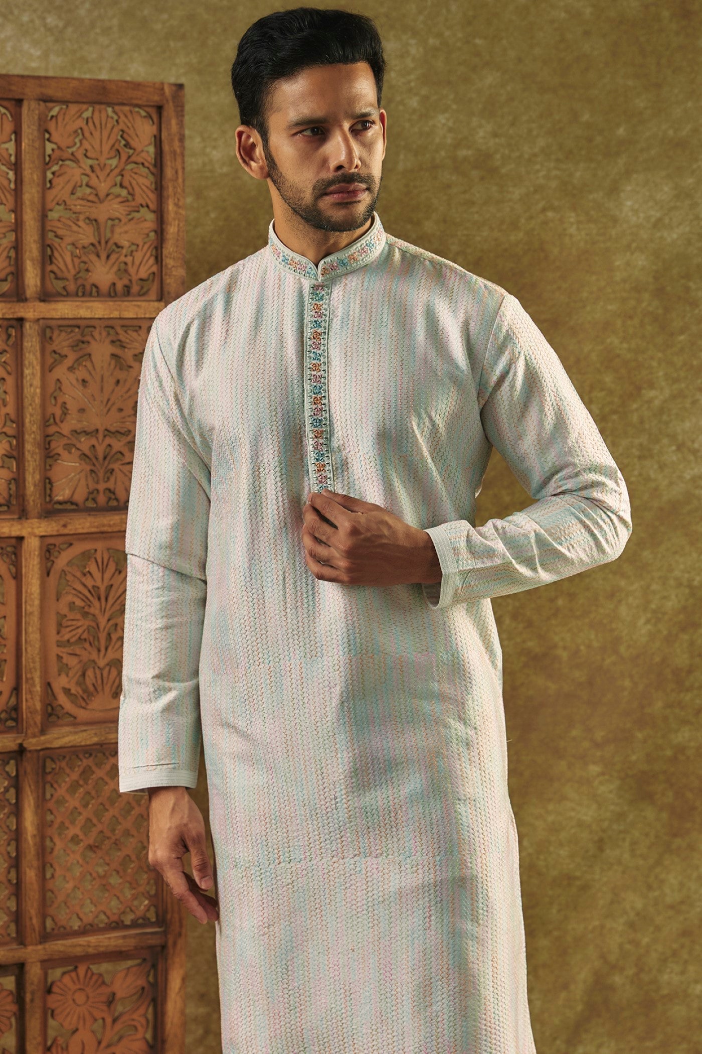 Silverish Grey Plain Silk kurta pajama set with resham embroidered neck