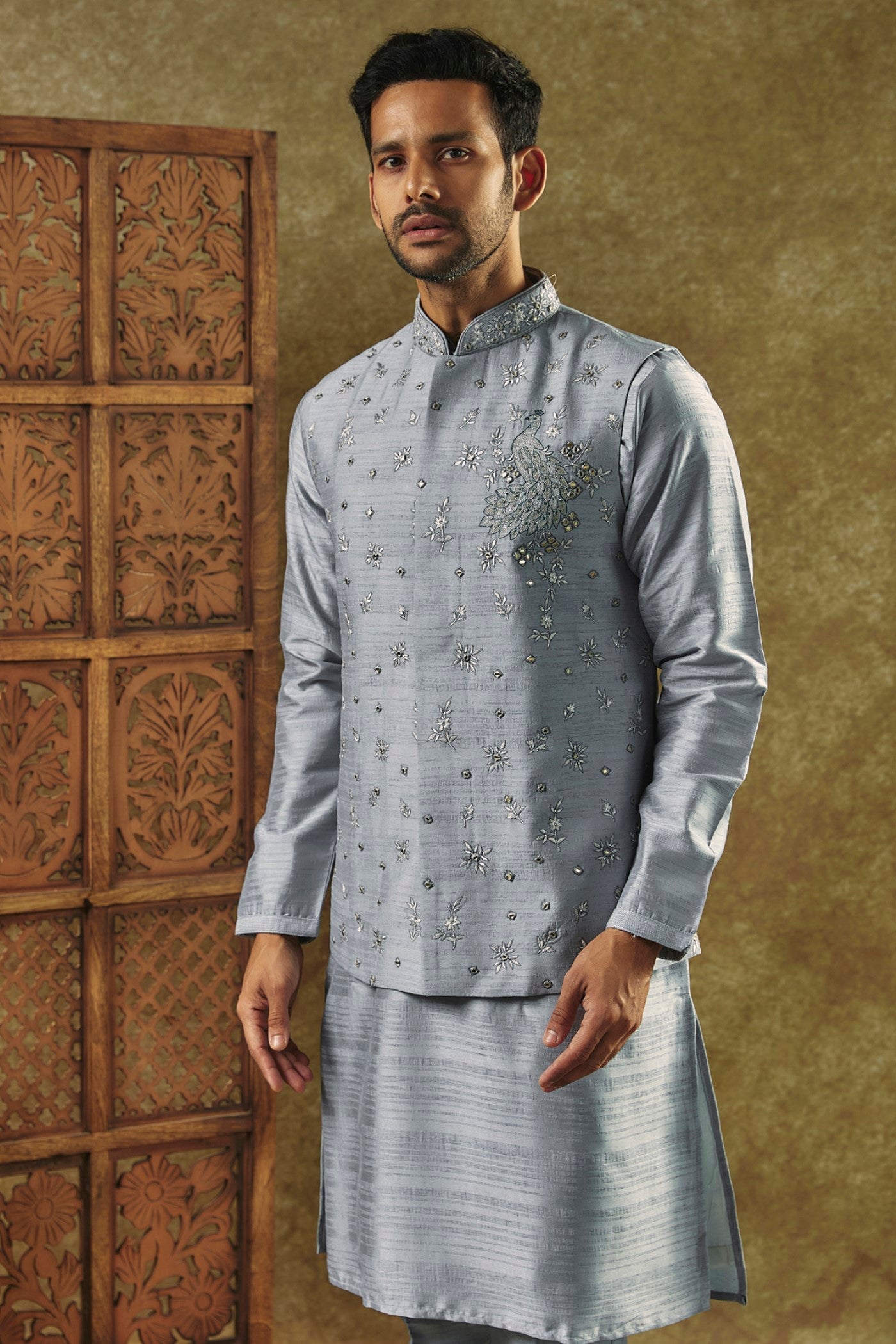 Slate Grey kurta Jacket set with mirror and resham embroidery