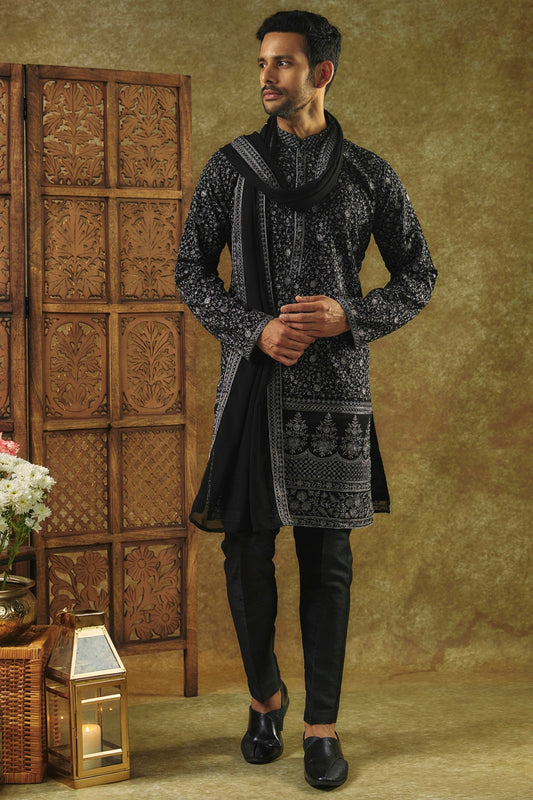Jet Black Printed Silk kurta pajama set and dupatta with all over thread work