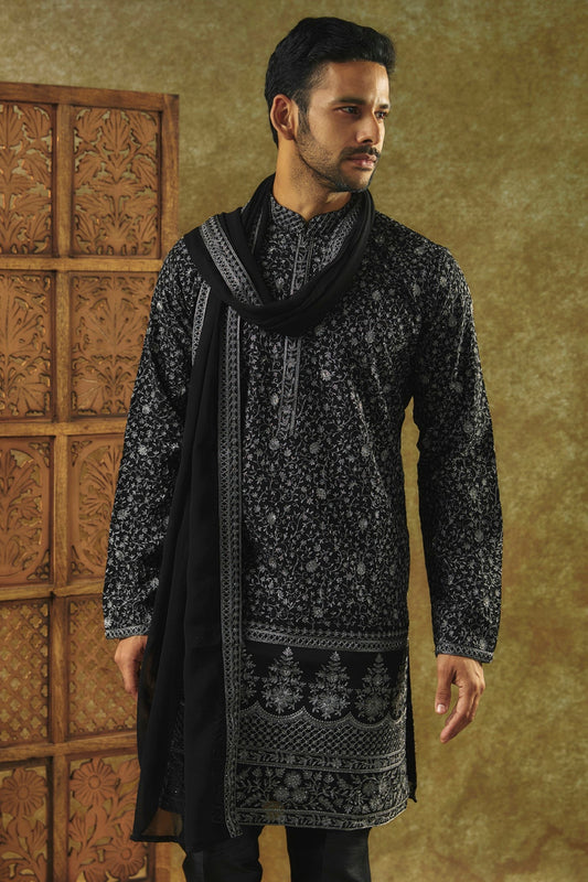 Jet Black Printed Silk kurta pajama set and dupatta with all over thread work