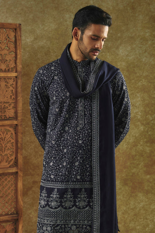 Onyx Black Printed Silk kurta pajama set and dupatta with all over thread work