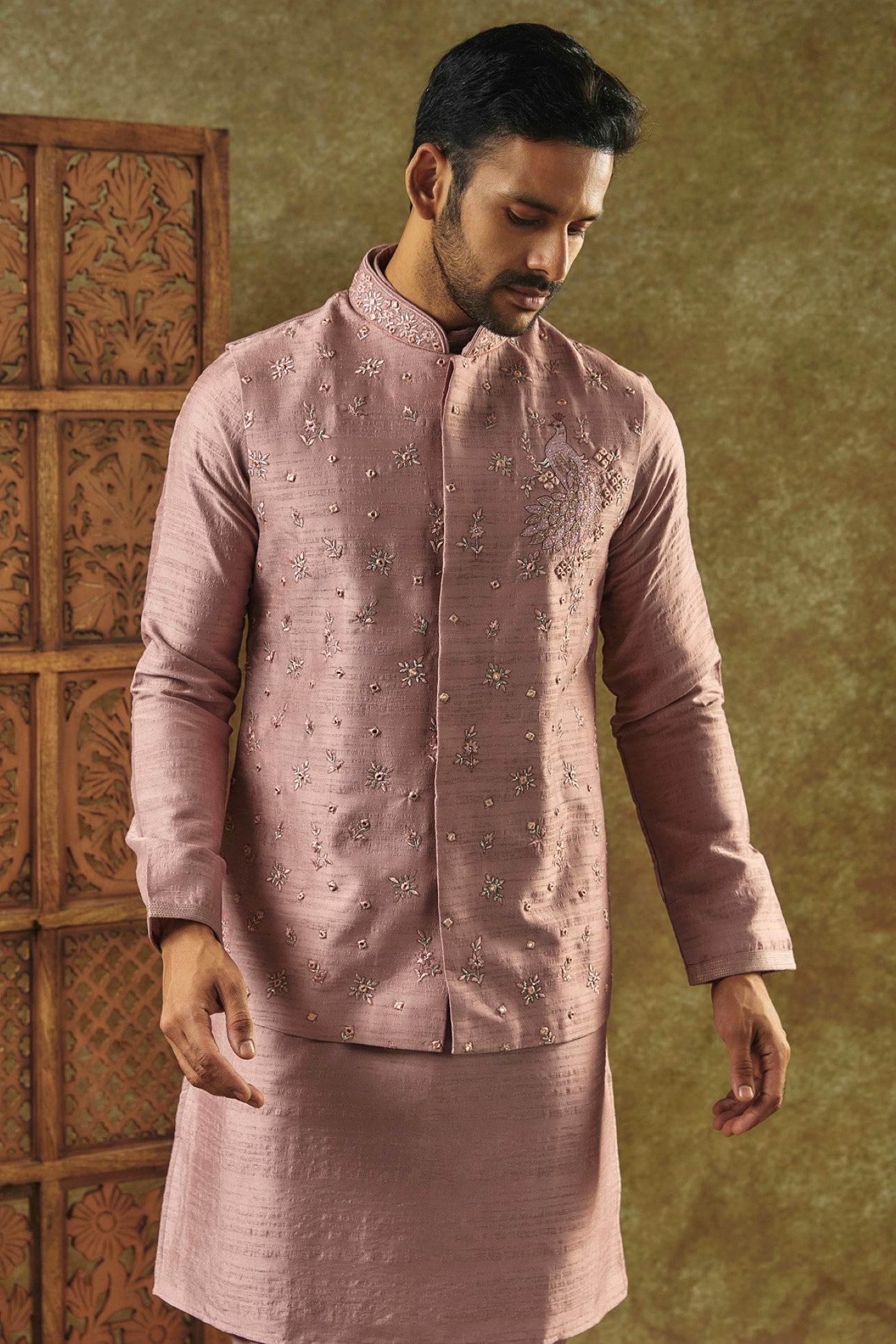 Onion Pink kurta Jacket set with mirror and resham embroidery