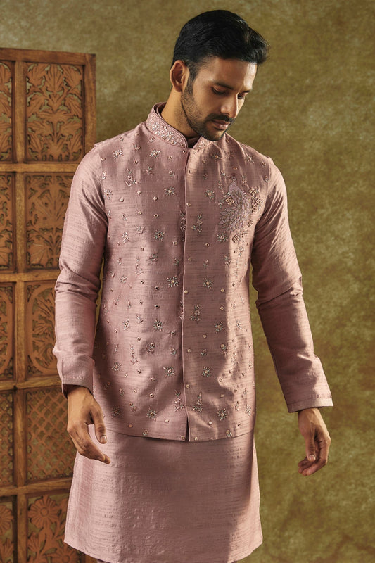 Onion Pink kurta Jacket set with mirror and resham embroidery
