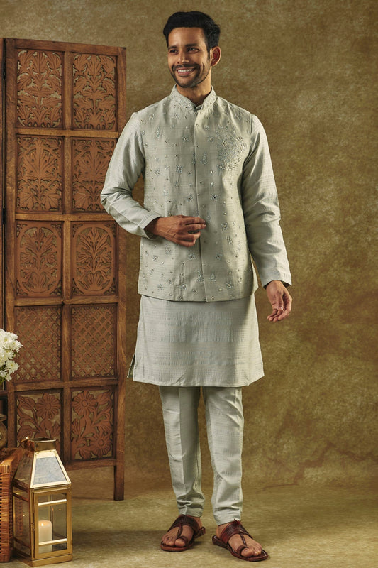 Pista Green kurta Jacket set with mirror and resham embroidery