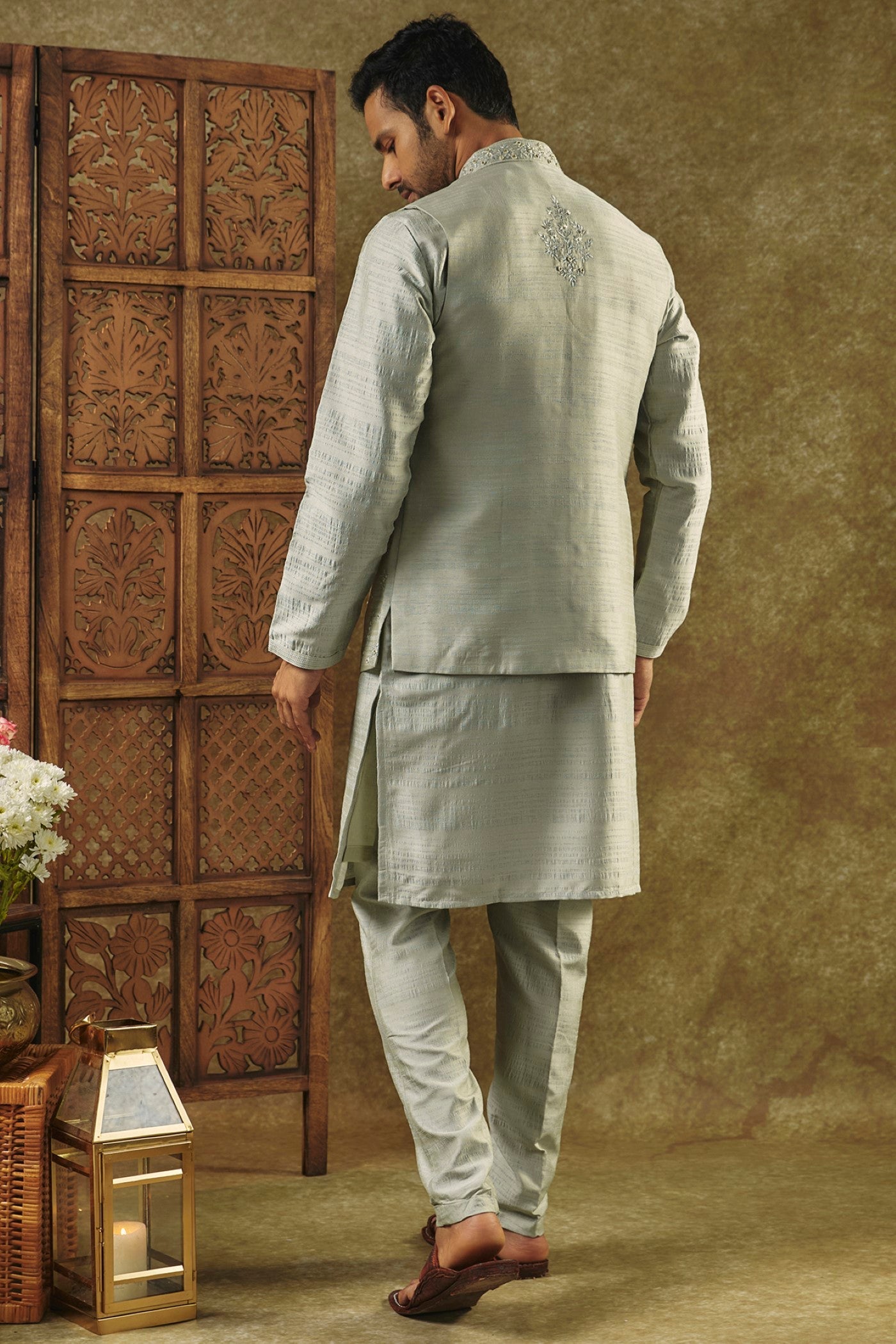 Pista Green kurta Jacket set with mirror and resham embroidery