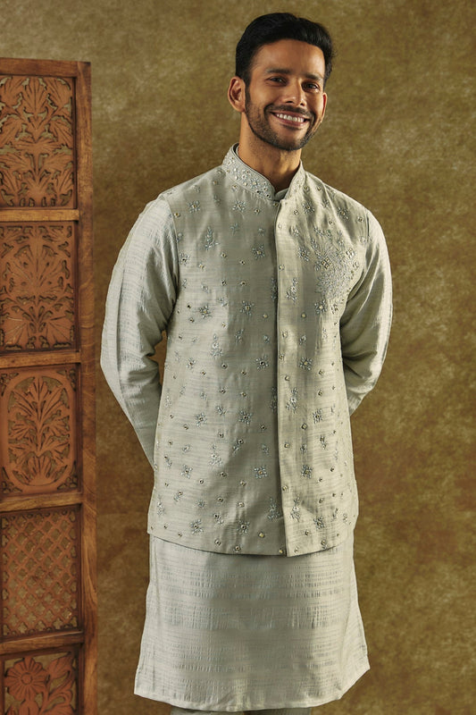 Pista Green kurta Jacket set with mirror and resham embroidery