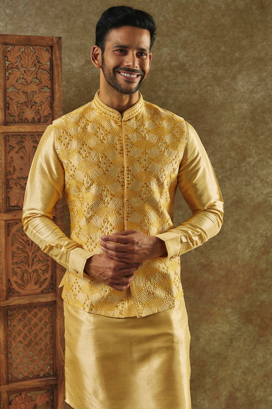 Daffodil Yellow kurta Jacket set with mirror and resham embroidery